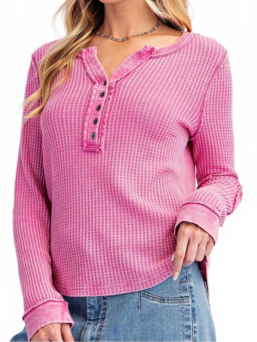 Easel Hermal Knit Washed Henley Long Sleeve Y2K Top in Orchid Sz S